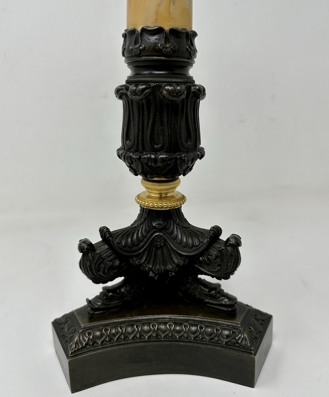 388. Antique Pair of French Doré Bronze Ormolu Sienna Marble Candlesticks Table Lamps - Image 6