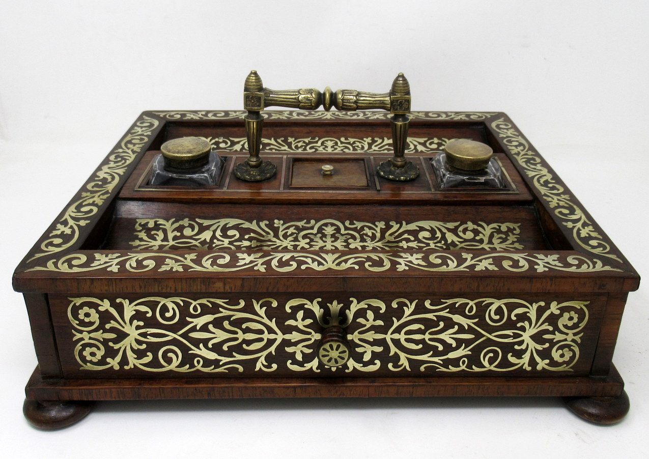 166. Antique Grand Tour Mahogany Brass Inlaid Desk Set Inkstand English Regency 19Ct - Image 5
