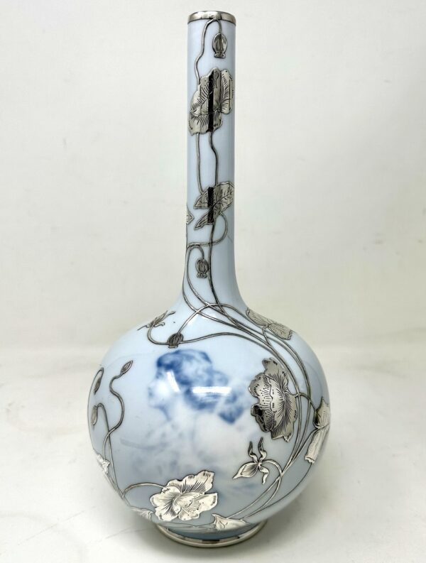 140. Antique Art Nouveau Danish Royal Copenhagen Porcelain Bottle Vase Sterling Silver