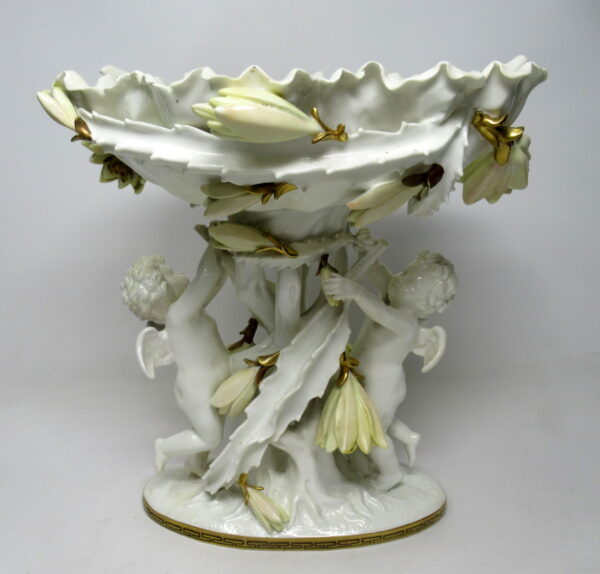 181. English Moore Brothers Porcelain Cream Gilt Cherub Cacti Centerpiece 19th Cent