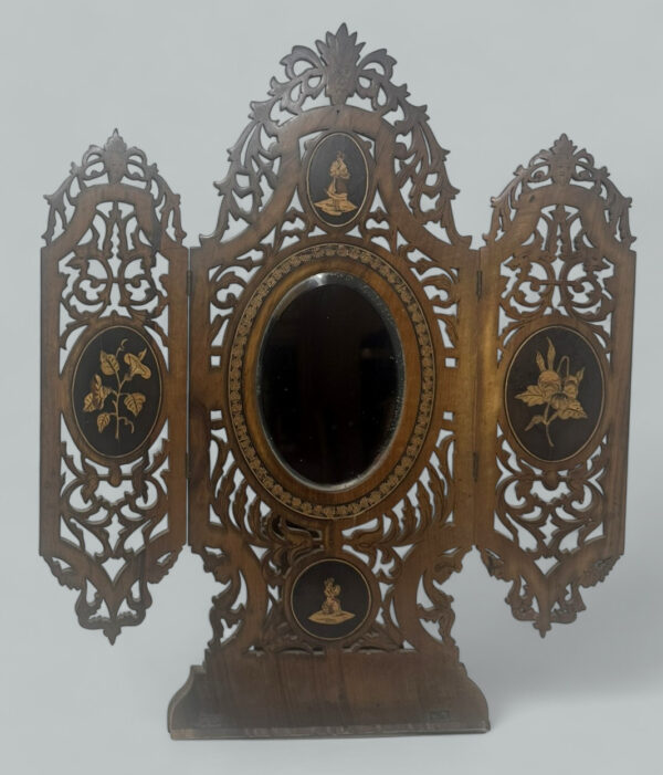 950. Antique Italian Triptych Sorrento Ware Walnut Crutch Oval Folding Mirror 19th Ct