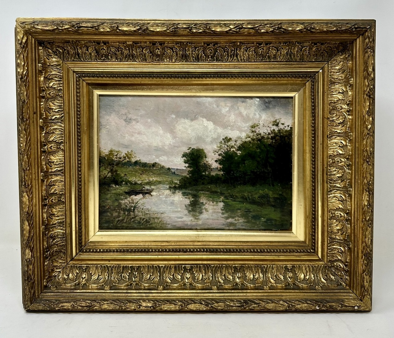 529. Antique Oil Painting Rural Landscape Lake Scene English or Scottish Gilt Frame