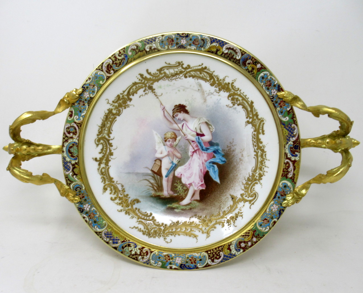124. Antique French Sevres Ormolu Gilt Bronze Dore Champlevé Porcelain Tazza Plate - Image 2