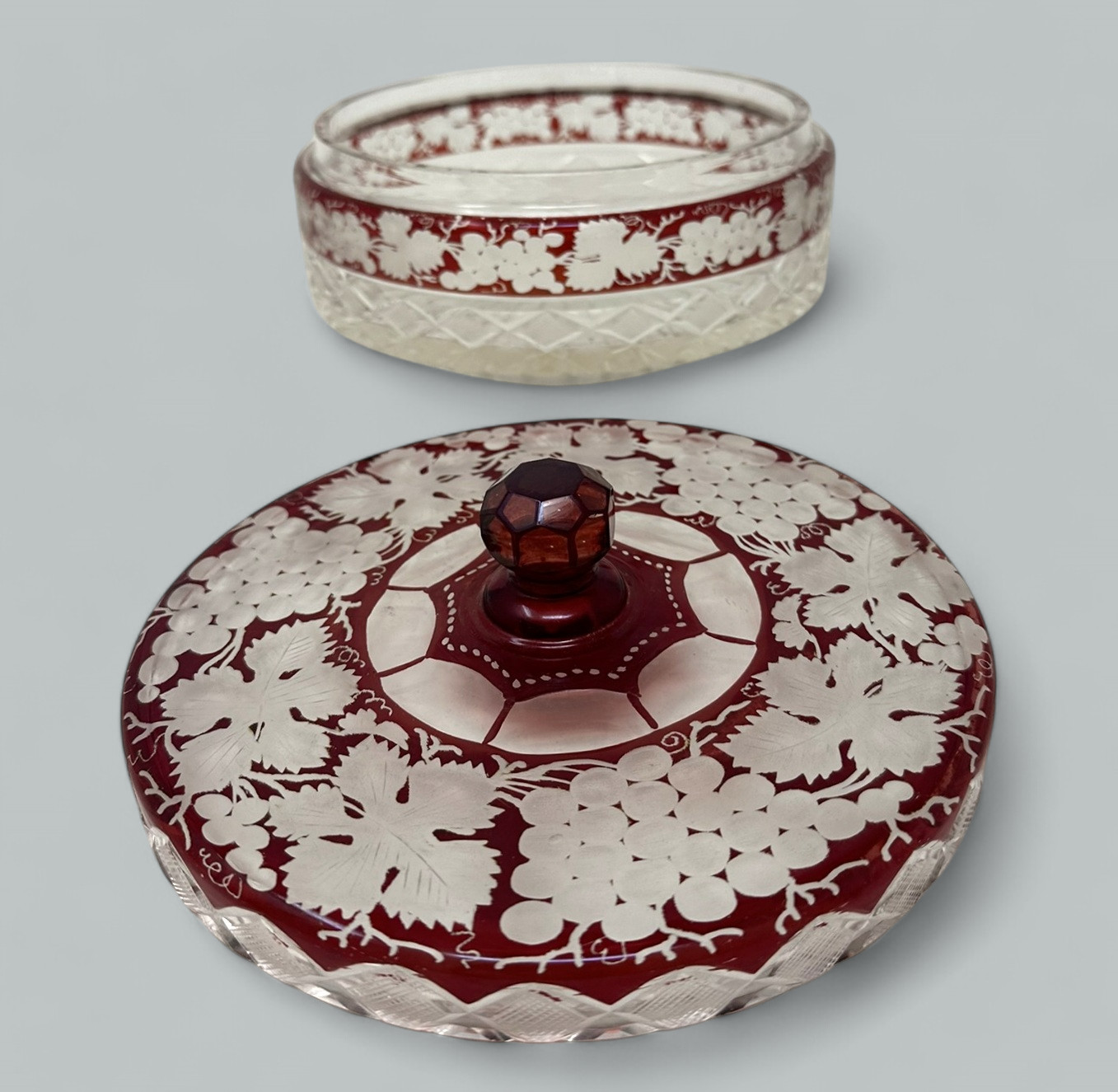 523. Antique Victorian Bohemian Hand Cut to Clear Crystal Ruby Red Glass Centerpiece - Image 7