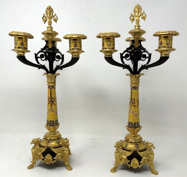 457. Antique Pair French Champlevé Enamel Ormolu Gilt Bronze Candelabra Candlesticks