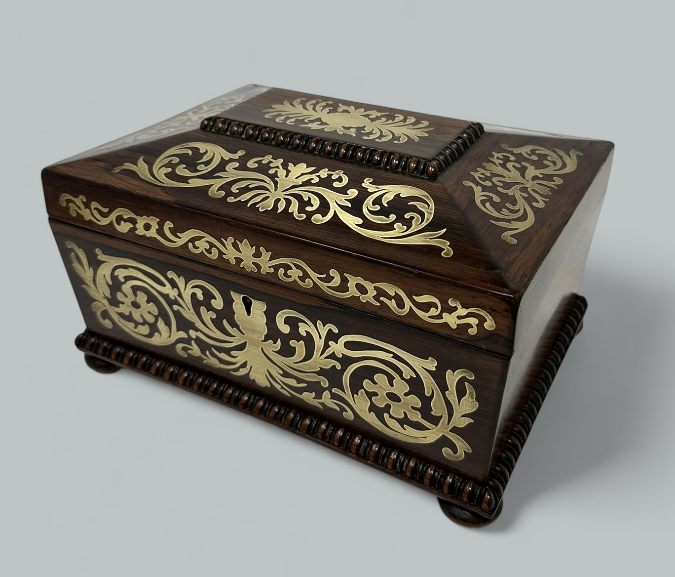 104. Antique Brass Inlaid Rosewood English Jewelry Sewing Casket Gillows Lancaster - Image 4