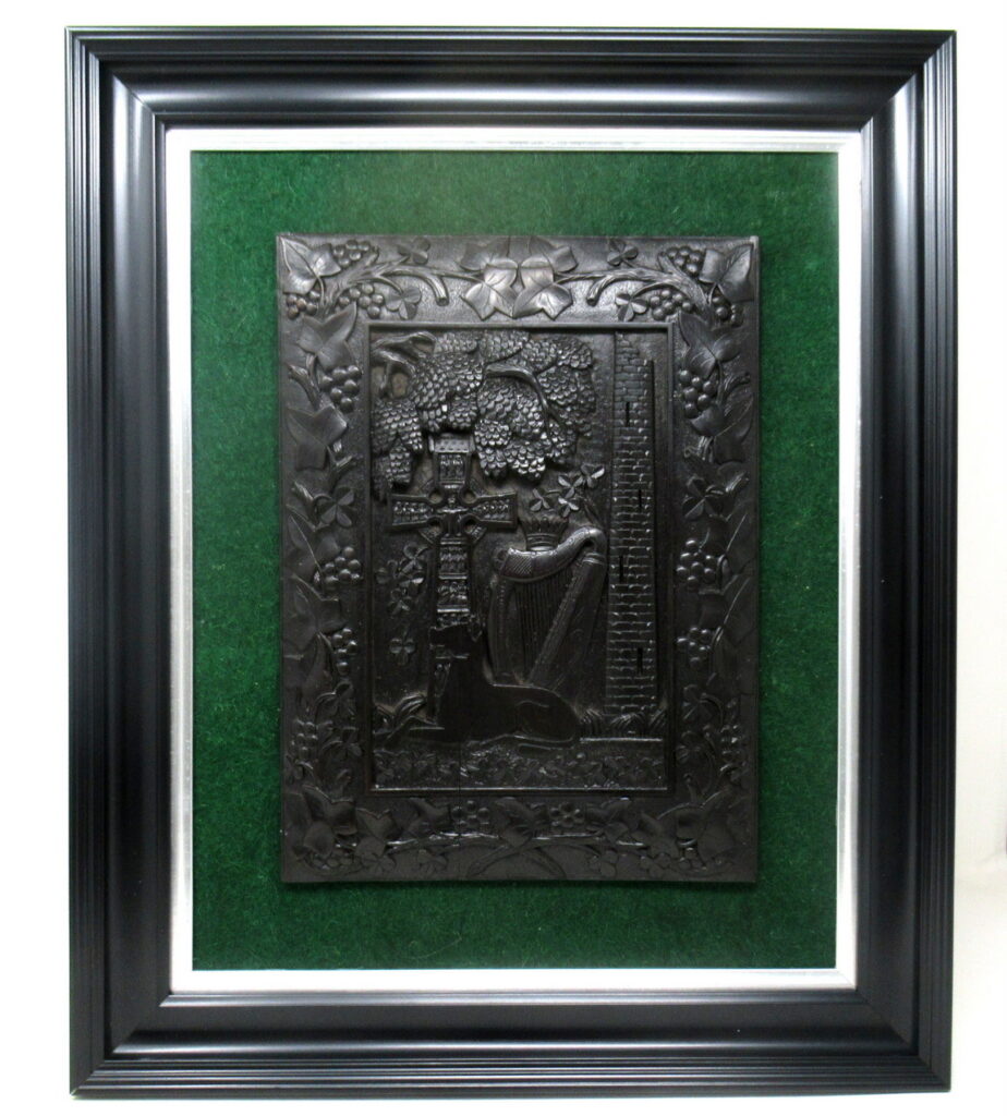 990. Antique Irish Bog Wood Oak Plaque Harp Shamrock Cornelius Goggin Dublin Ireland