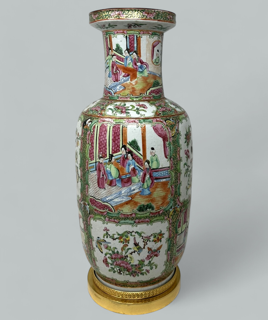 656. Antique Famille Rose Medalion Canton Cantonese Chinese Porcelain Ormolu Vase Urn - Image 3