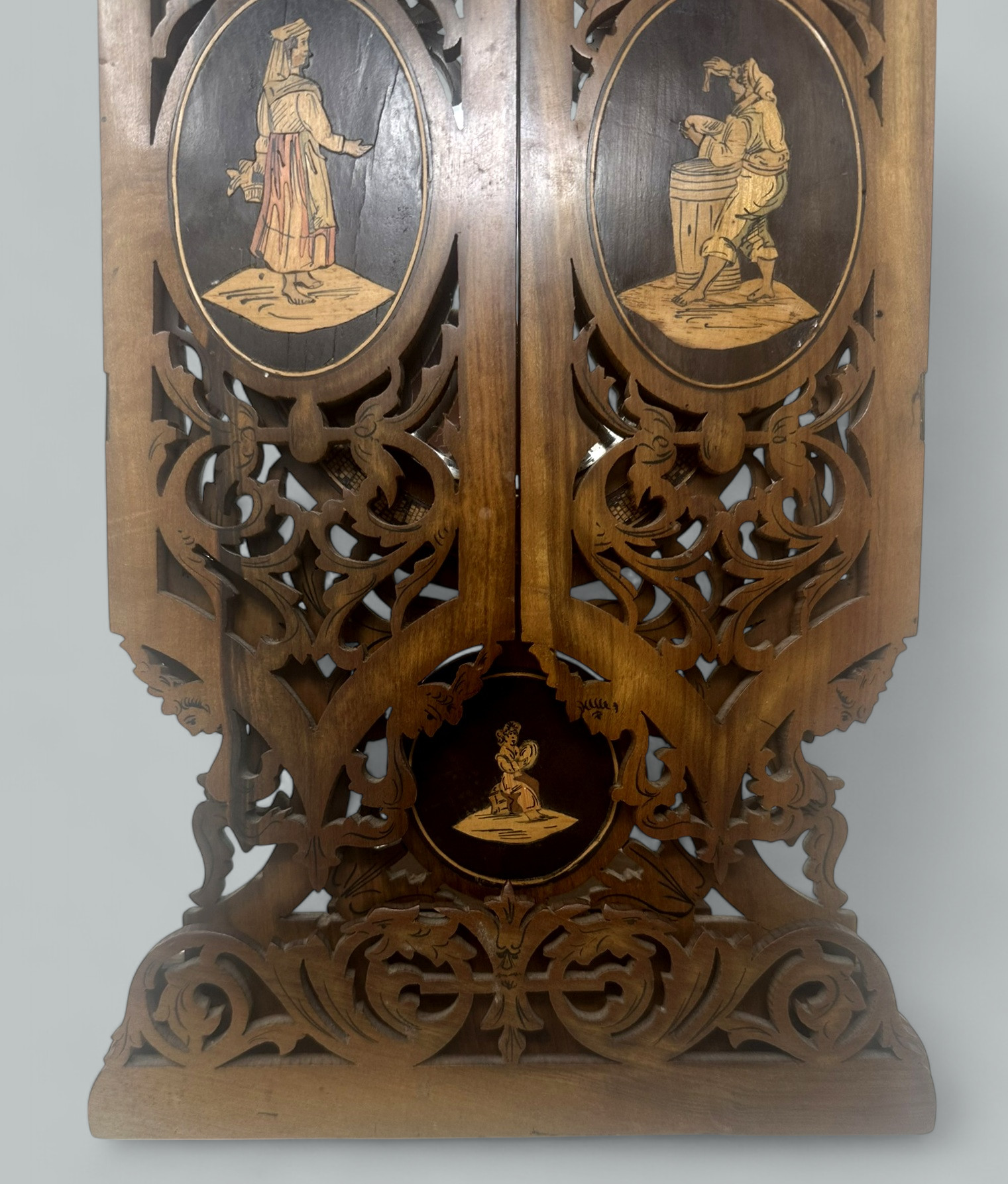 950. Antique Italian Triptych Sorrento Ware Walnut Crutch Oval Folding Mirror 19th Ct - Image 7