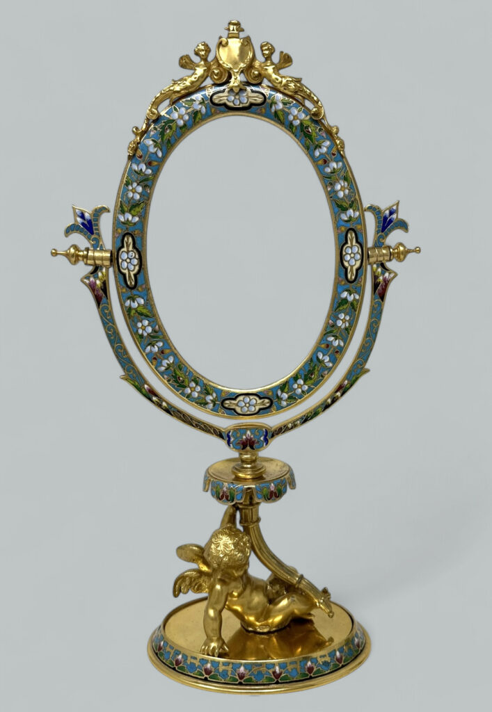 598. Antique French Gilt-Bronze Ormolu Champlevé Enamel Dressing Table Vanity Mirror