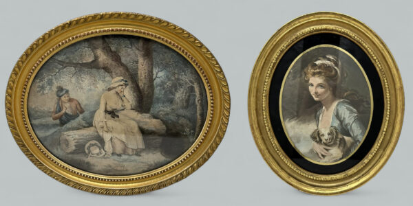 127. Antique Regency George Morland Hand Colored Stipple Engraving Lady Gilt Frame