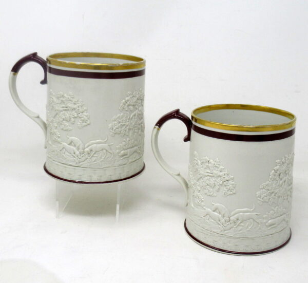 970. Antique Pair English Georgian Stoneware Davenport Tankards Mugs Equine Hunting