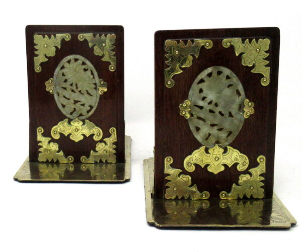 830. Antique Pair Chinese Hardwood Jade Brass Bookends Holders Qing Dynasty Period