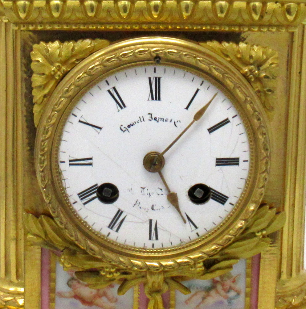 968. Fine French Ormolu Mantle Clock Sevres Panels 19thCt. Howell Janes London Paris - Image 4