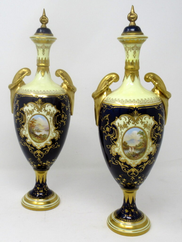 718. Pair Coalport Porcelain Urns Hand Painted Irish Killarney Kerry Scenes 19thCt
