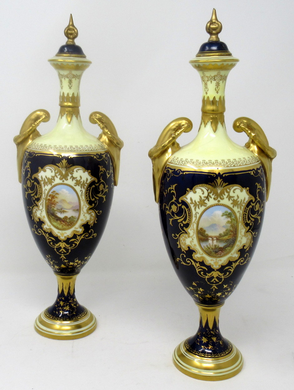 718. Pair Coalport Porcelain Urns Hand Painted Irish Killarney Kerry Scenes 19thCt