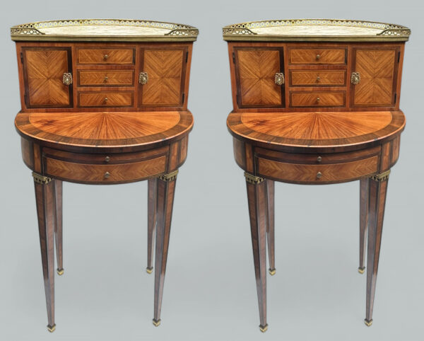 344. Antique Pair French Ormolu Marble Kingwood Rosewood Marquetry Desks Side Tables