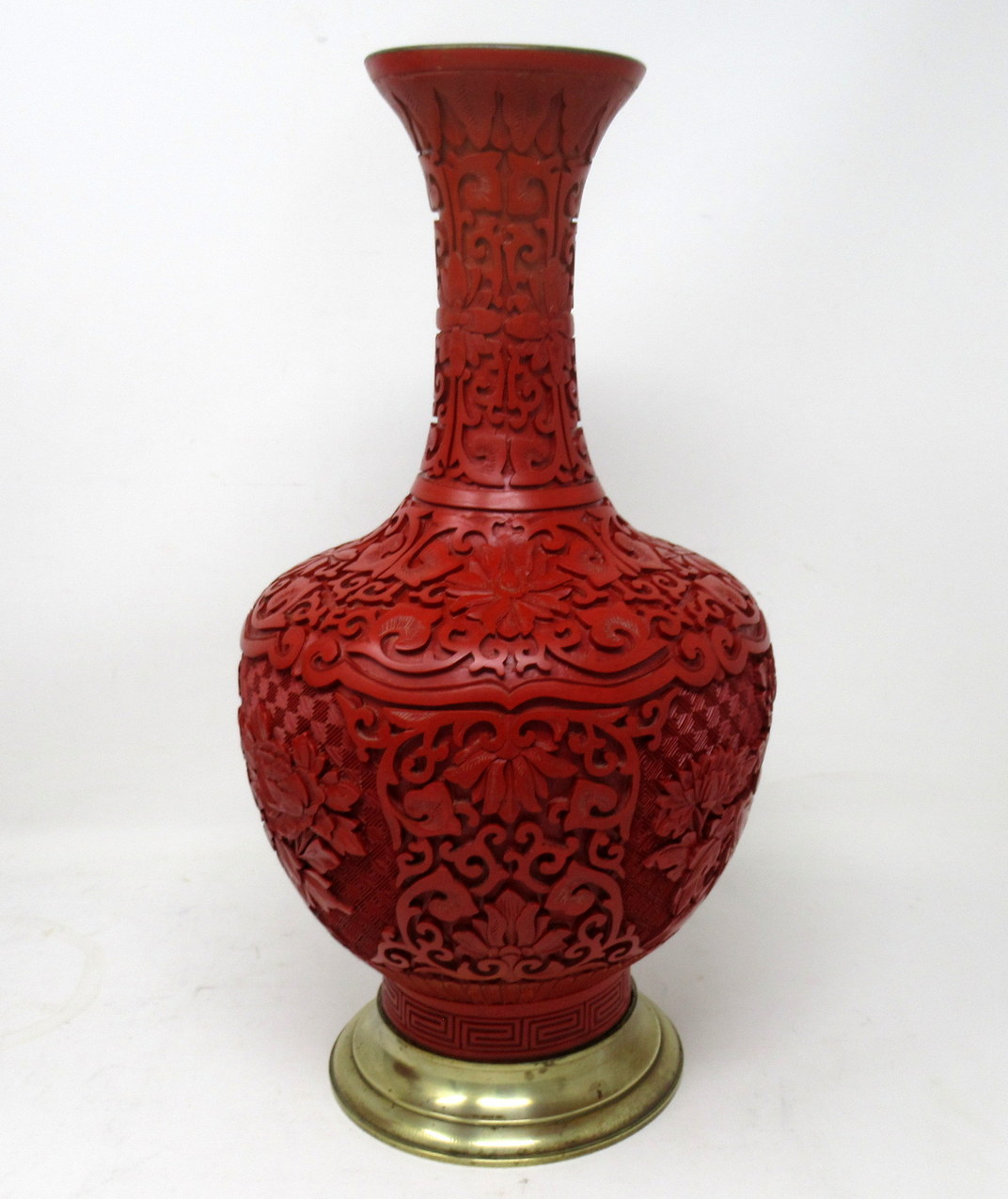 513. Pair Antique Chinese Export Carved Red Cinnabar Vases Urns Guangxu Period - Image 5