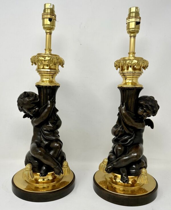519. Antique Pair Gilt Bronze Dore Ormolu Table Lamps Clodion Grand Tour Cherubs