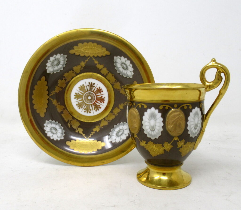 155. Antique Sevres Style Paris Porcelain Gilt Tea Cup Saucer Alexander Great Dante