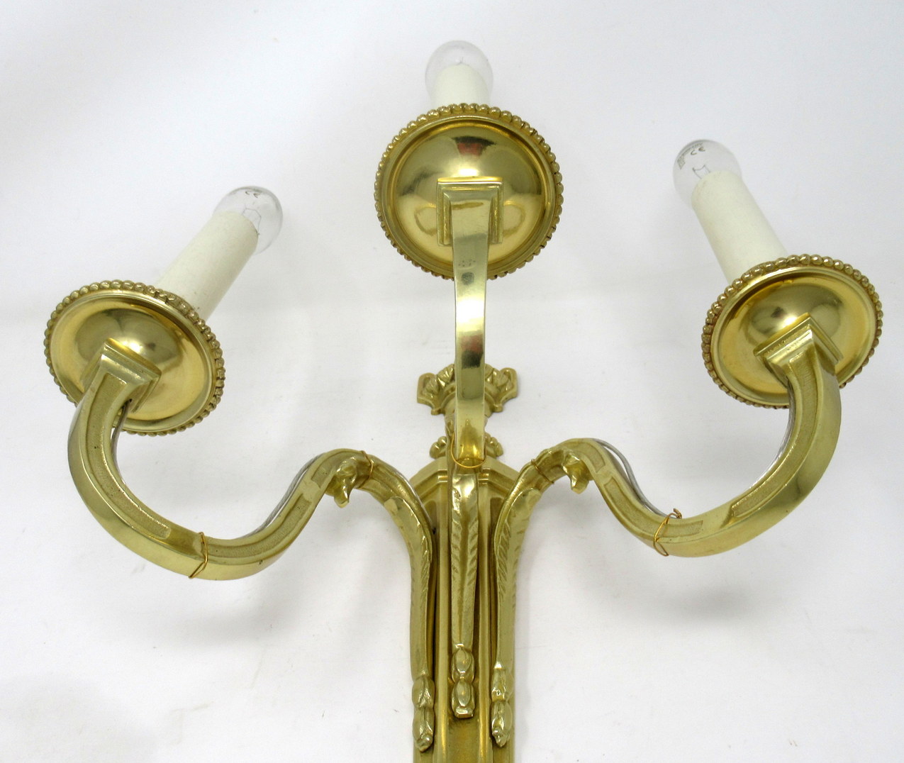 496. Antique Pair of English Gilt Bronze Three Light Wall Candle Sconces 19th Century - Image 8