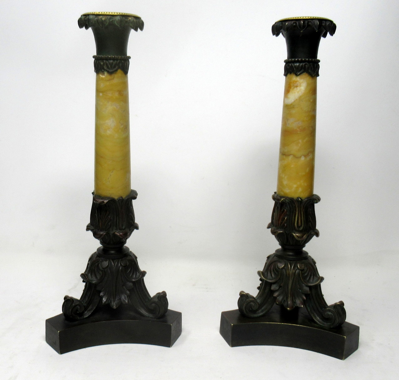 209. Antique Pair Grand Tour French Bronze Dore Sienna Marble Ormolu Candlesticks 19th Century - Image 2