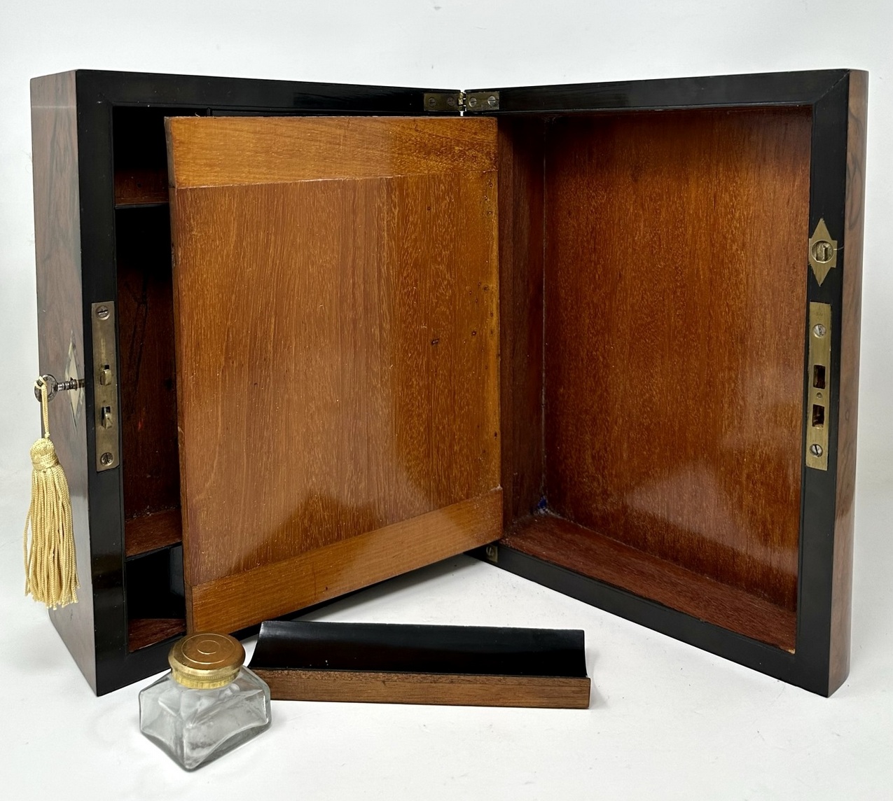 588. Antique Victorian Traveling Desk Mahogany Wooden Burl Walnut Writing Slope Box - Image 10