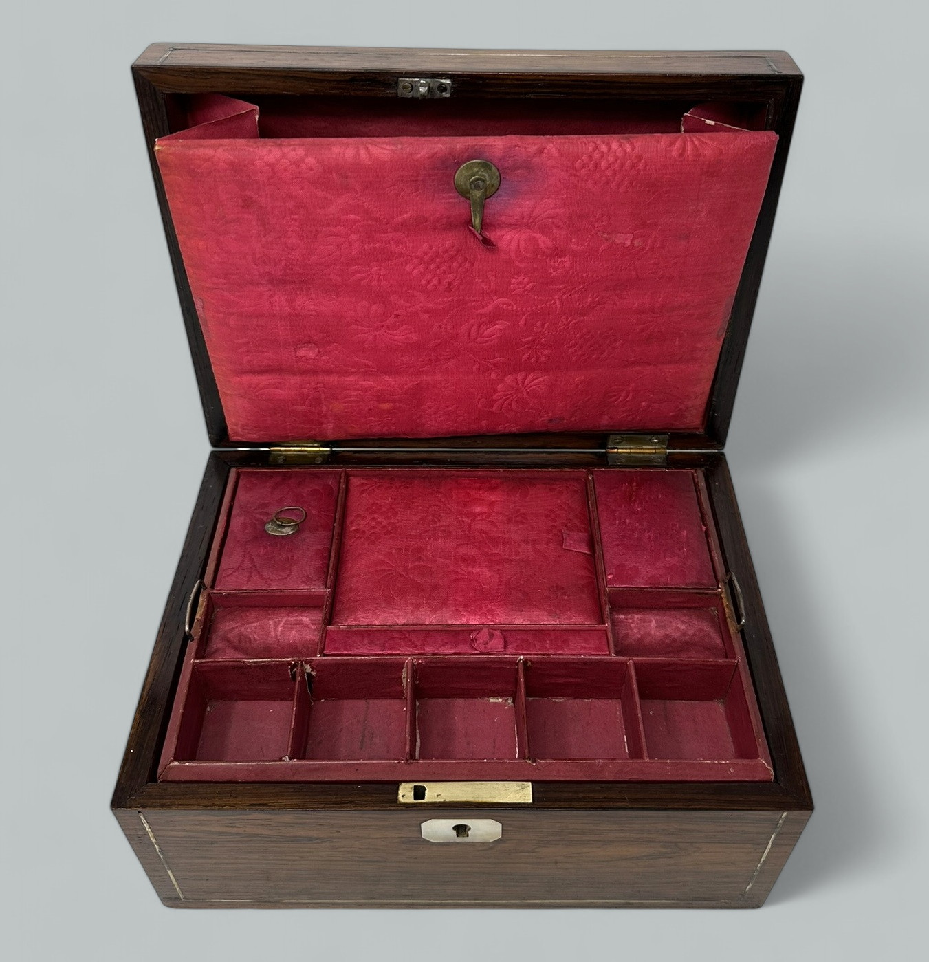 983. Antique Inlaid Rosewood English Jewelry Sewing Casket Silk Lined Interior 19th Ct - Image 10