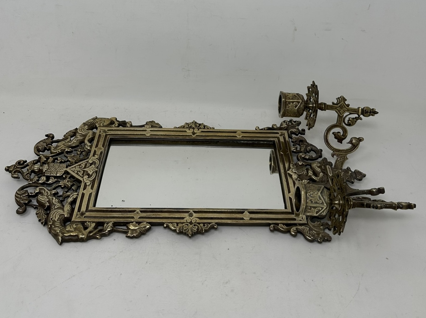 078. Antique Pair French Brass Girandole Wall Applique Sconces Mirrors Candlesticks - Image 12