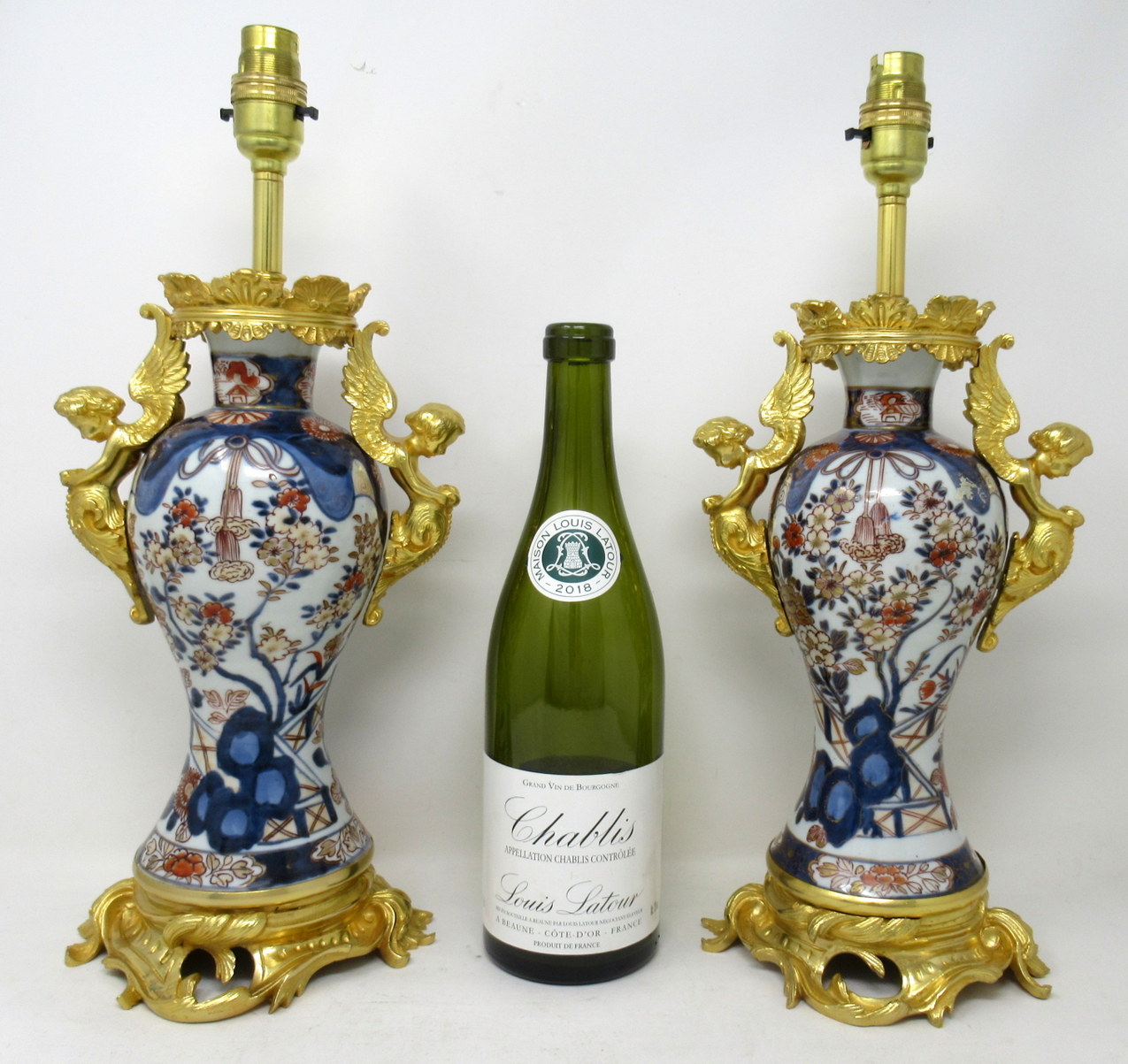 782. Antique Pair Japanese Chinese Imari Porcelain Ormolu Table Lamps Cherubs Gilt - Image 12