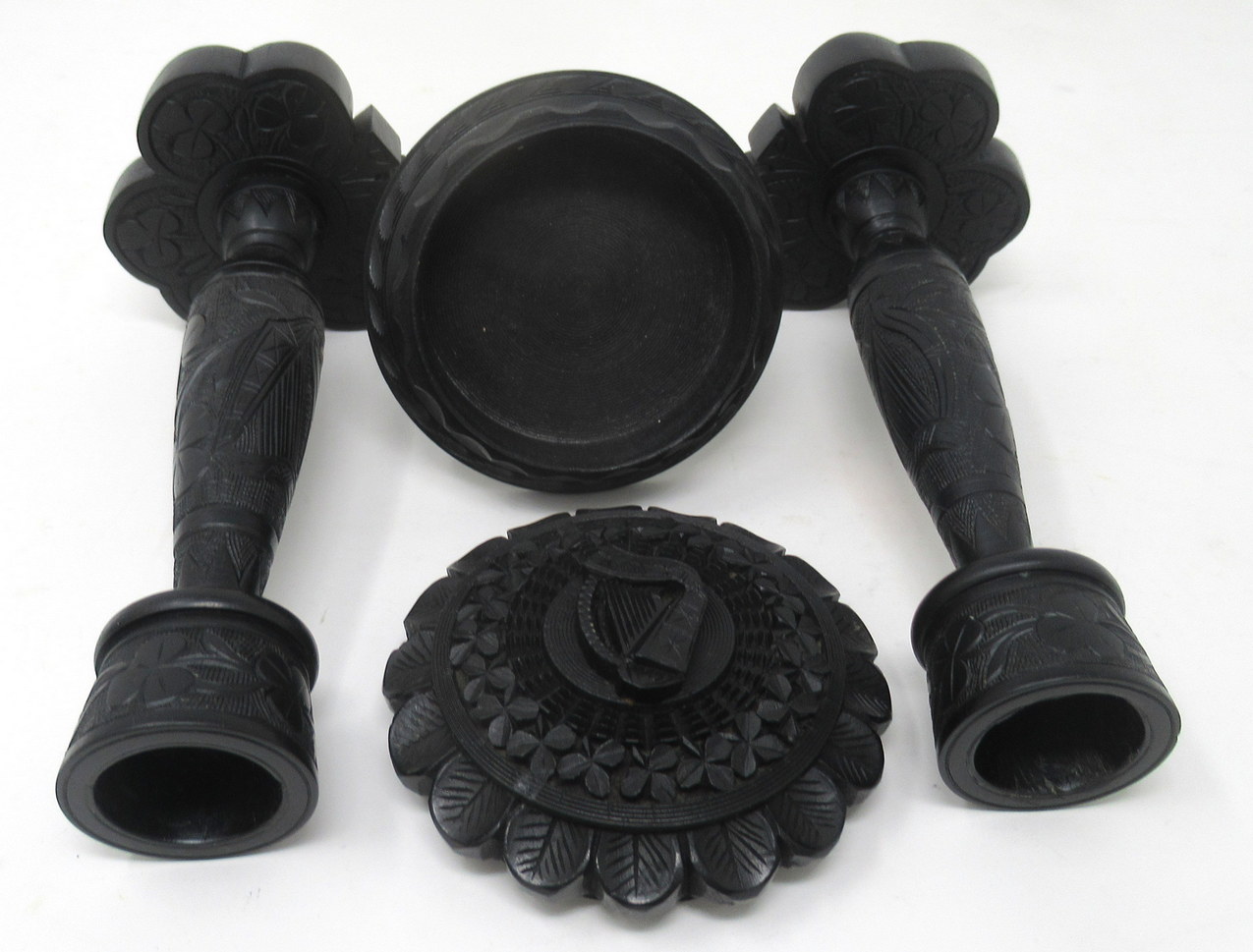 158. Irish Carved Bog Oak Desk Set Candlestick Shamrock Harp Greyhound Dublin Ireland - Image 9