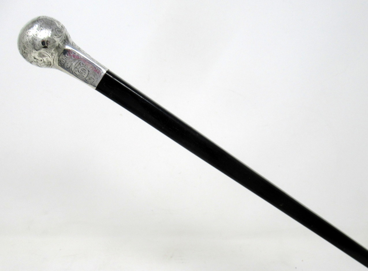 929. Antique Vintage Ebony Walking Stick Cane John Taylor Sterling Silver Mount 1920 - Image 2