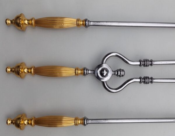 832. Fine Set Burnished Steel Fire Tools Gold Plated Handles Circa 1860