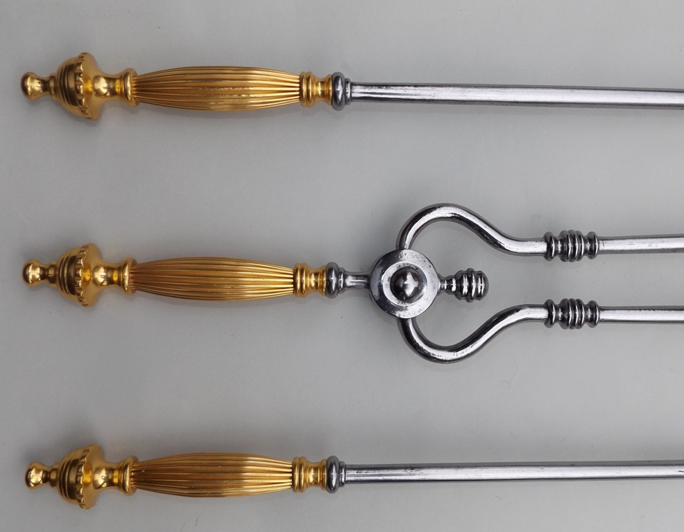 832. Fine Set Burnished Steel Fire Tools Gold Plated Handles Circa 1860
