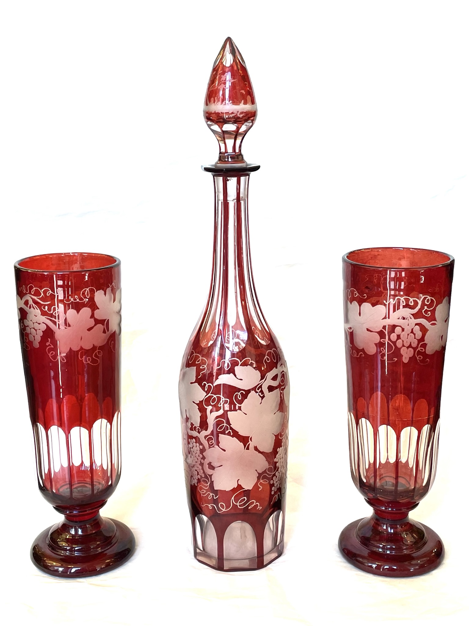 352. Antique Bohemian Chech Ruby Cranberry Glass Decanter Pair Goblets Vases Egermann