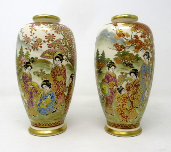 590. Antique Vintage Pair Japanese Hand Painted Gilt Vases Meiji Period