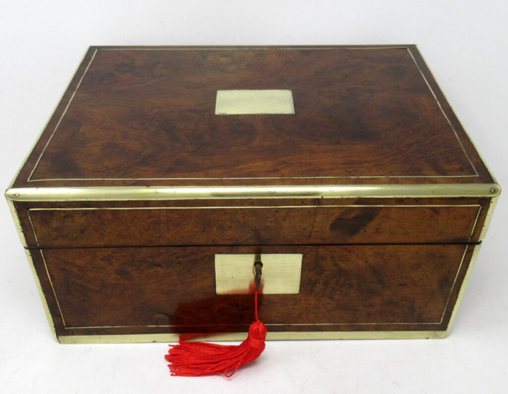 246. Antique Victorian Brass Burl Walnut Traveling Desk Wooden Writing Slope Box 19Ct