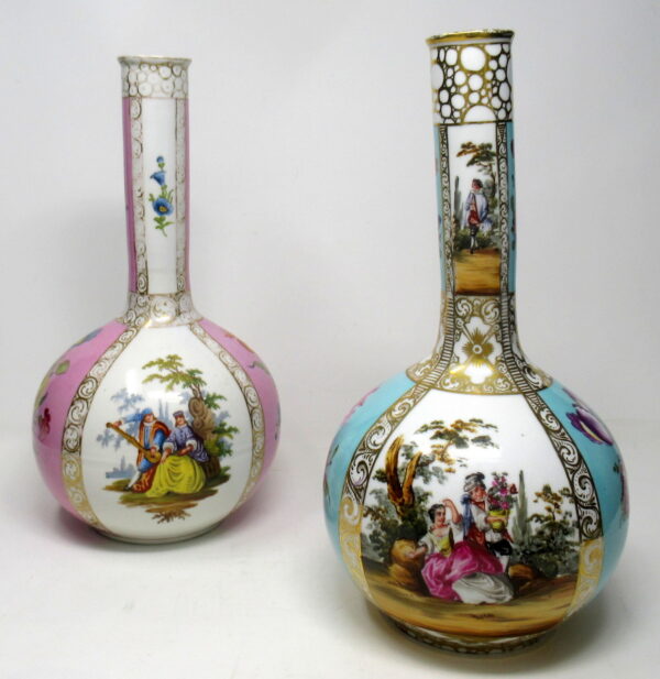 773. Pair of Dresden Hand Painted Vases Classical Floral Scenes 19thCt