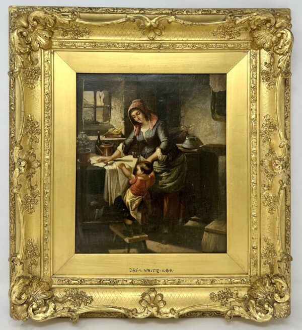 213. James Clarke Waite Interior Scene Oil on Canvas English Australian Painting Gilt Frame