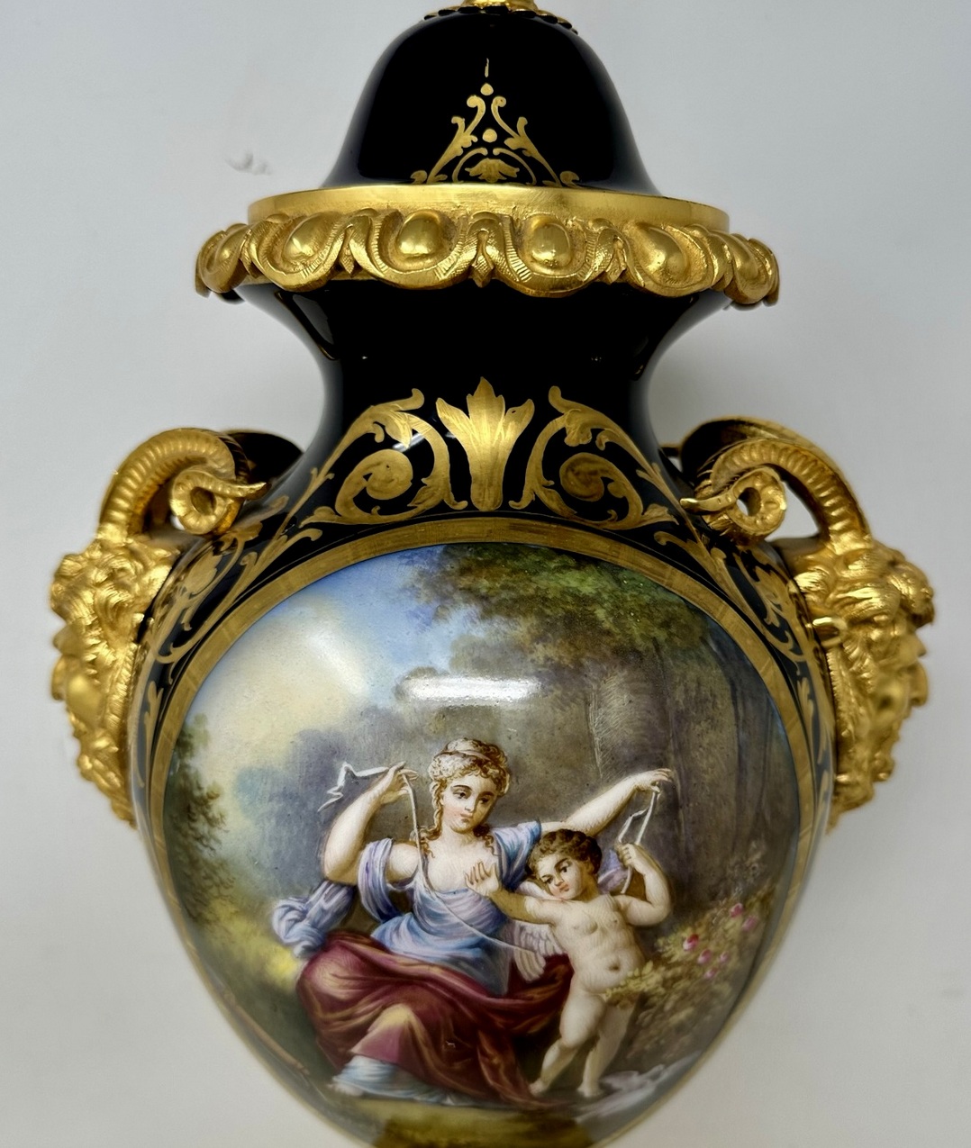 526. French Sèvres Porcelain Watteau Scene Ormolu Cobalt Blue Table Lamp Bronze Satyr - Image 5