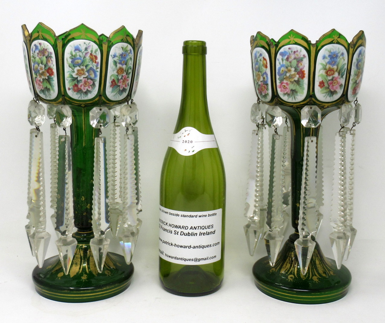 176. Antique Crystal Bohemian Emerald Green Enamel Pair Overlaid Lusters Candlesticks - Image 8