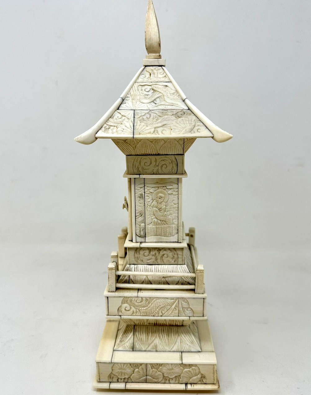 318. Antique Victorian Religious Chinese Export Ivory Bone Carved Pagoda Sculpture - Image 5