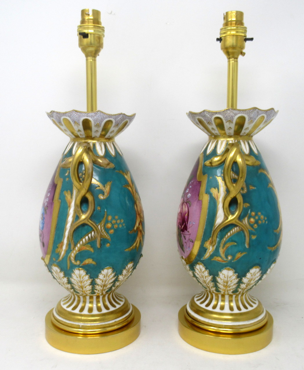 539. Antique Pair English Staffordshire Porcelain Table Lamps Ridgway or Rockingham - Image 5