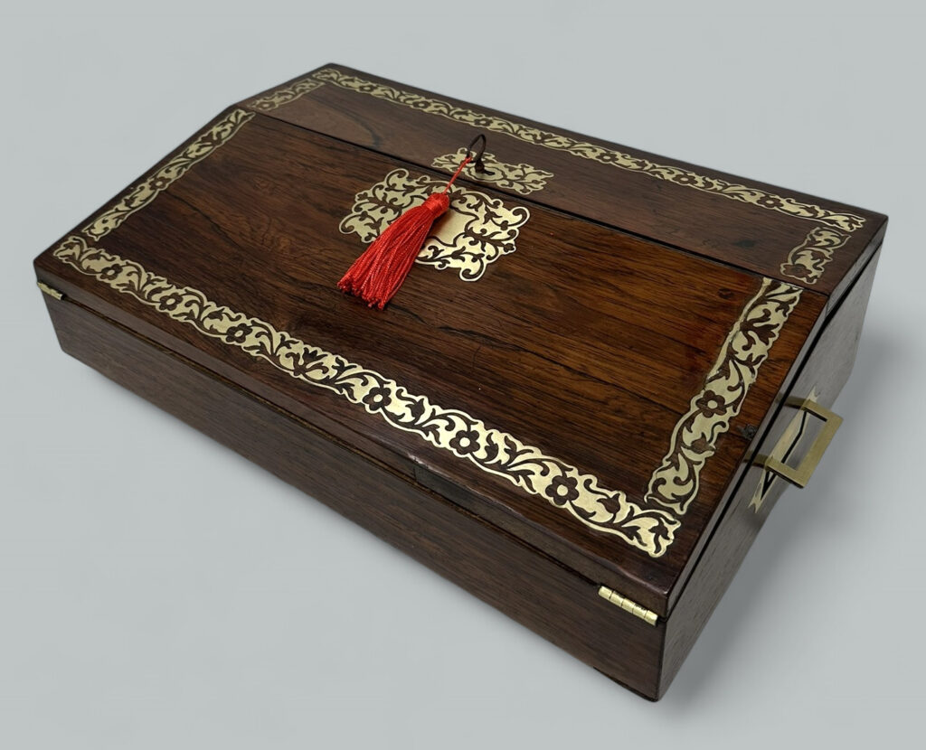 502. Antique French English Rosewood Brass Inlaid Boulle Writing Slope Box Desk 19thCt