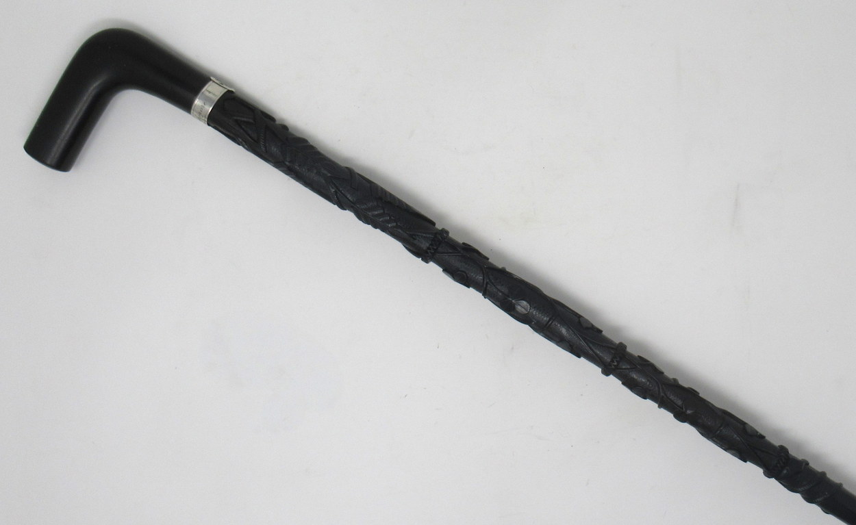 201. Fine Hand Carved Irish Bog Oak Walking Stick Silver Collar 19thCt - Image 8
