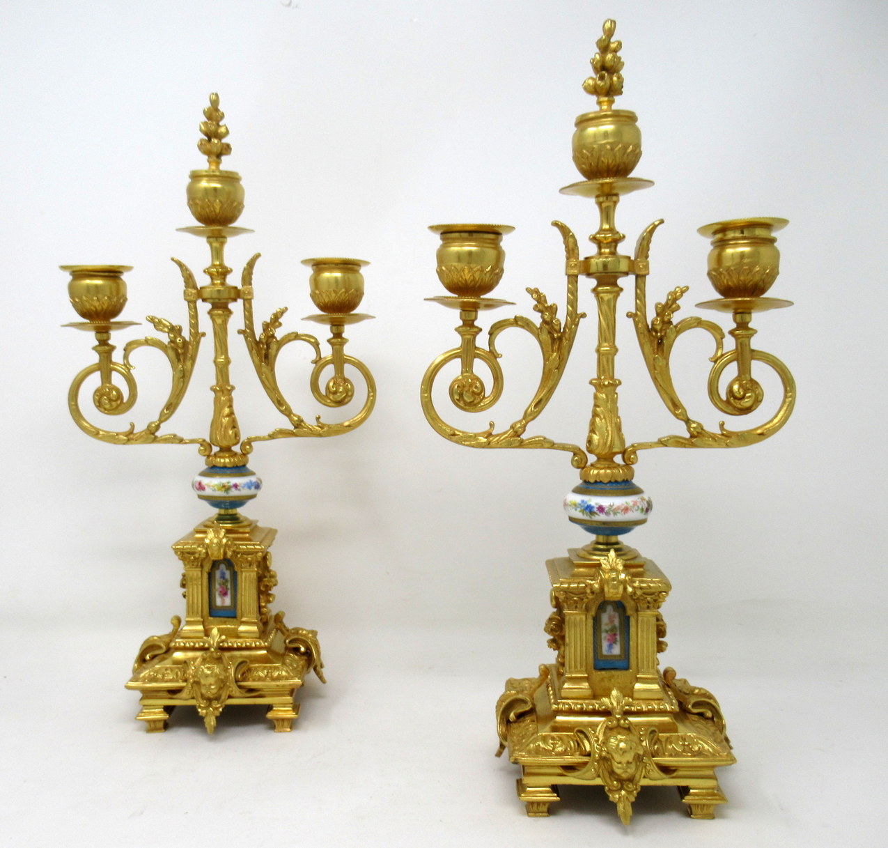 870. Antique Pair French Ormolu Bronze Sevres Porcelain Candelabra 19th Century