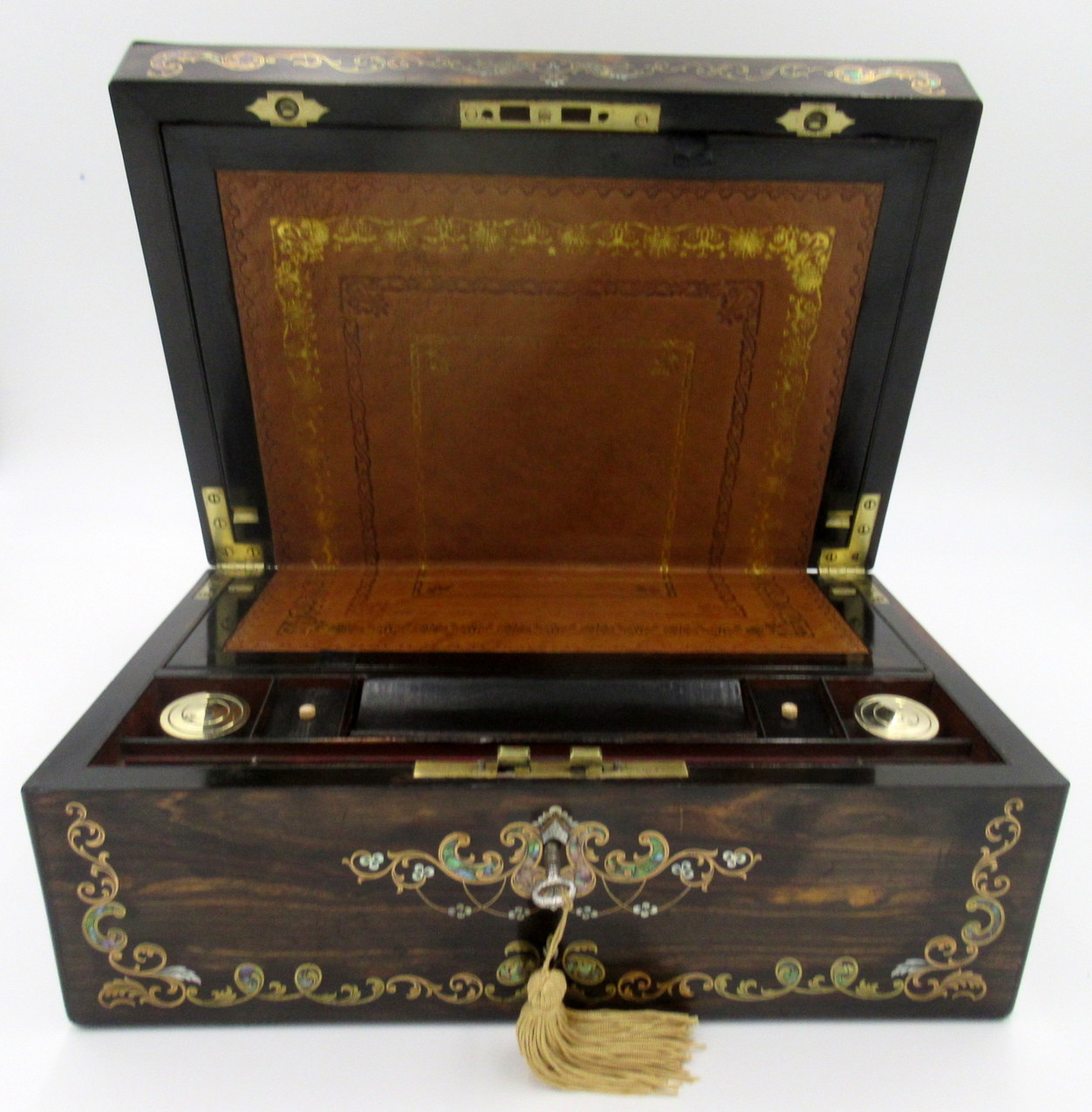 279. Antique Coromandel Mahogany Brass Inlaid English Writing Box Slope Mother Pearl - Image 13