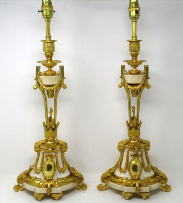 970. Antique Pair French Regency Grand Tour Ormolu Gilt Bronze Cream Marble Urns Table Lamps