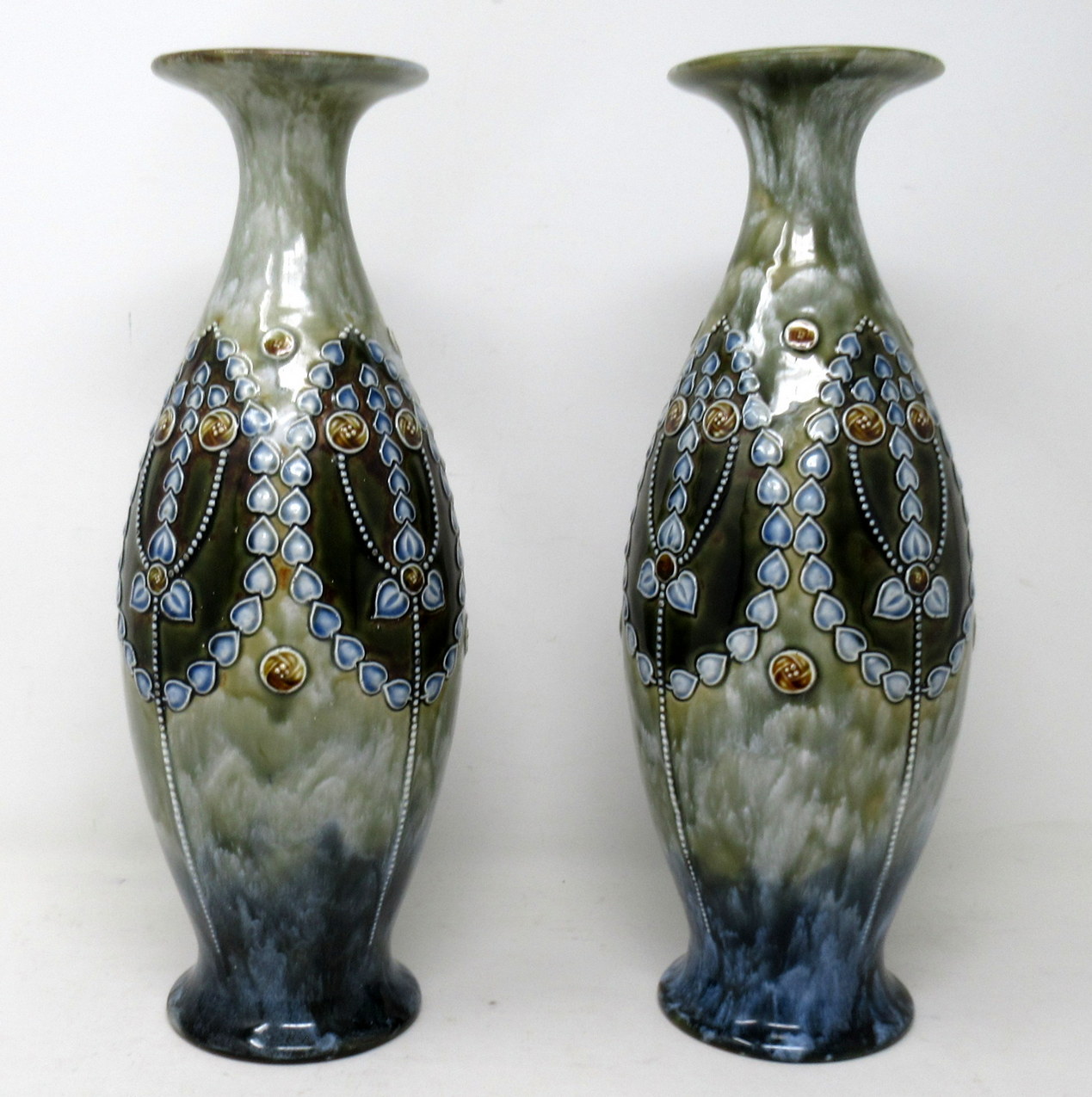 847. Antique Pair English Porcelain Royal Doulton Ceramic Art Nouveau Vases Urns - Image 3