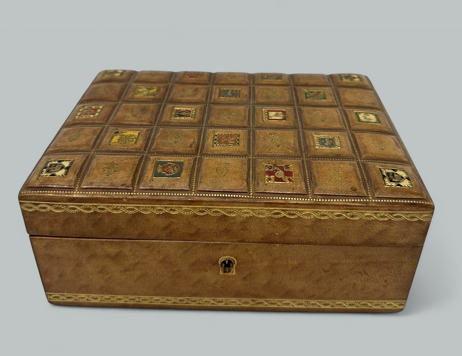 553. Antique Vintage Italian Lady's Gentleman's Faux Leather Gilt Jewelry Casket Box - Image 10